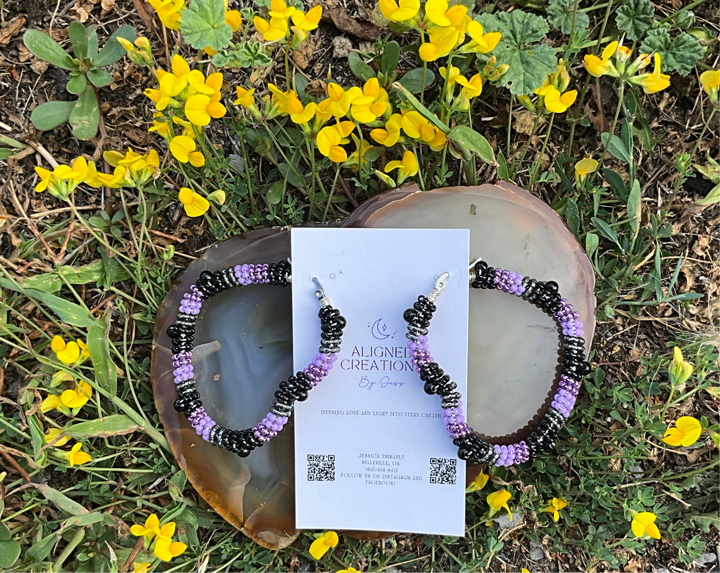 Aligned Creations By Jess - Large Silver/Purple/Black Beaded Heart Shaped Earrings