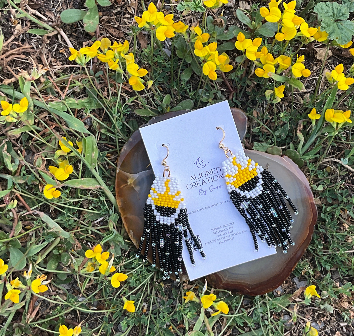 Aligned Creations By Jess - Small White/Yellow/Black Sun earrings