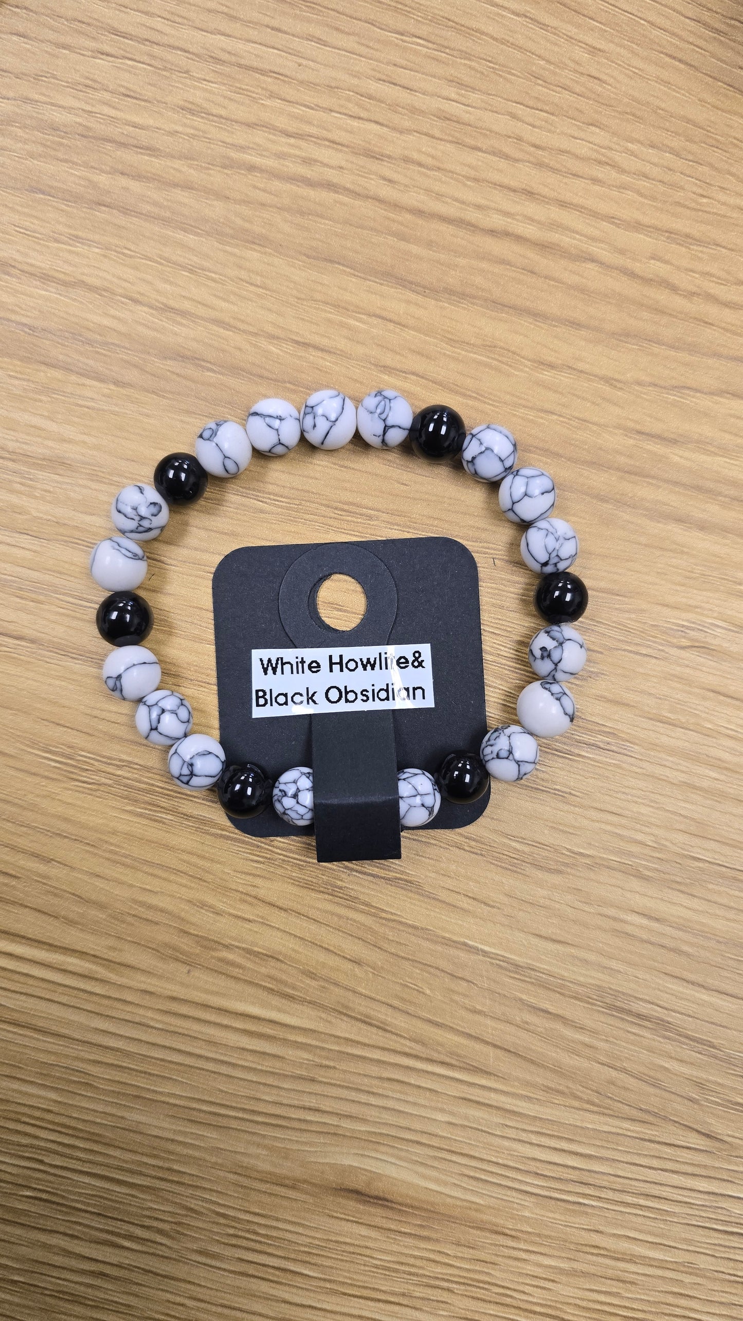White Howlite & Black Obsidian Bracelet 7 1/4"