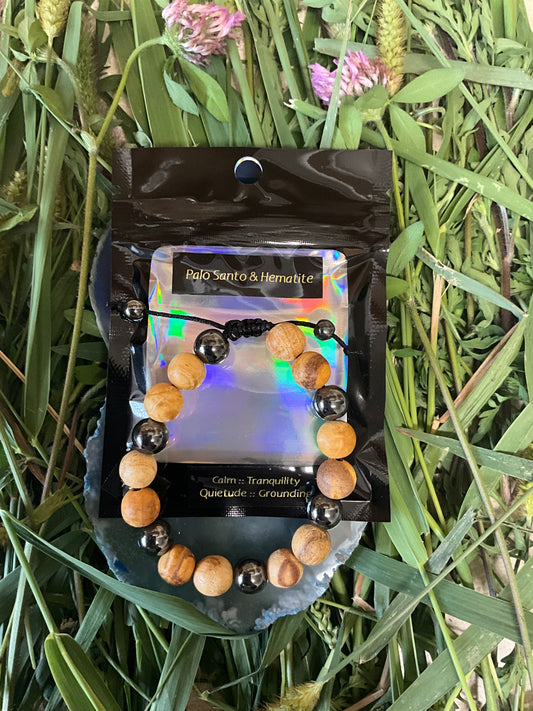 Influential Vibrations: Adjustable Bracelet - Palo Santo & Hematite