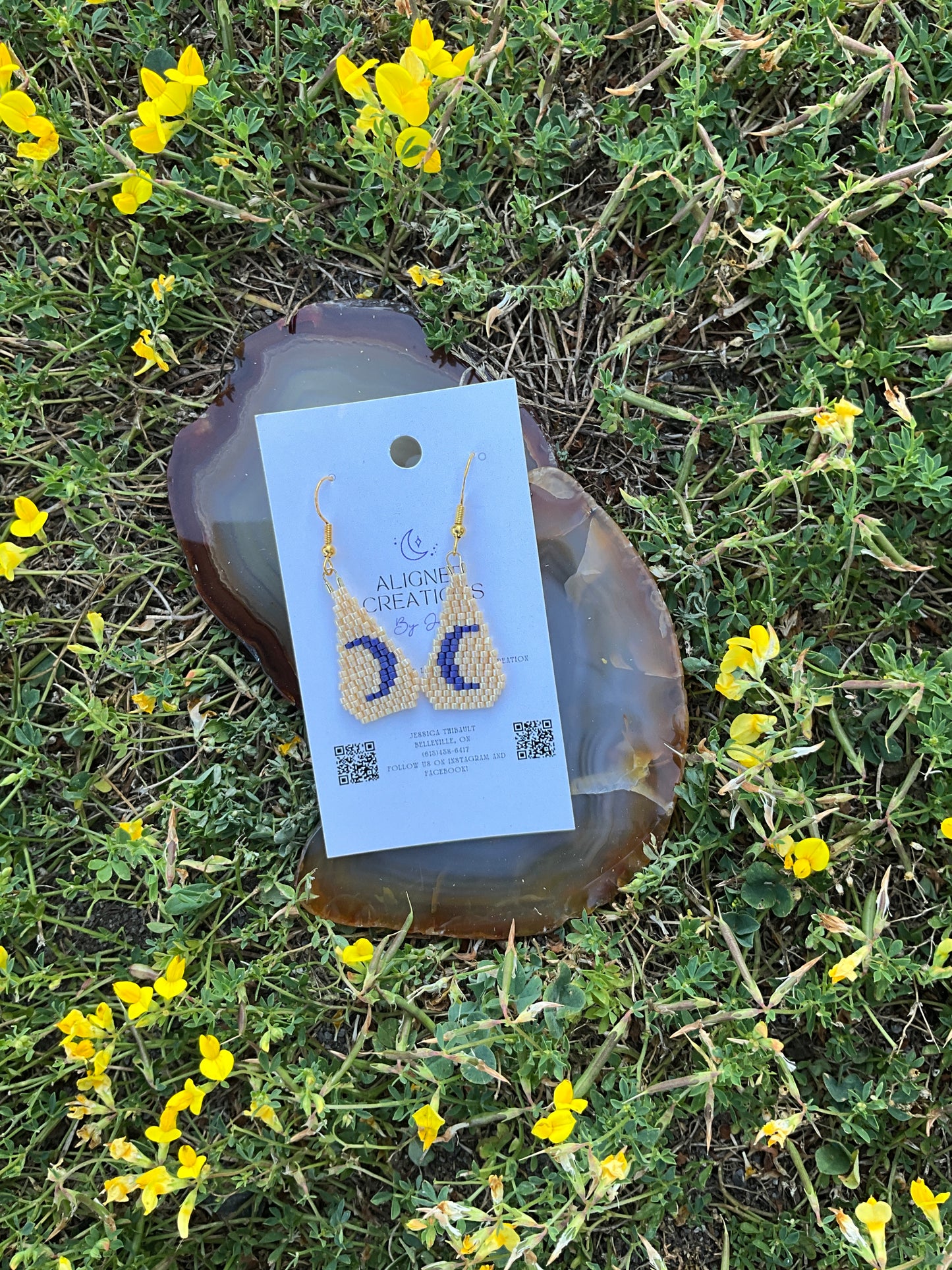 Golden Beaded Earrings with Blue Moon by Aligned Creation by Jess