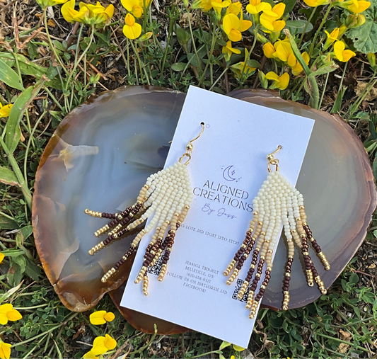 Aligned Creations By Jess - Gold Plated Earrings Off -White Beaded With Light/Dark Brown Beads