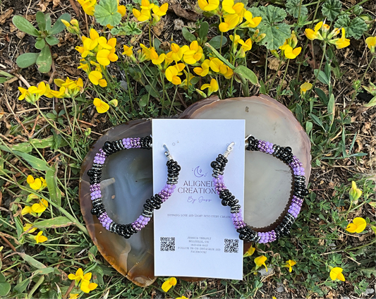 Aligned Creations By Jess - Large Silver/Purple/Black Beaded Heart Shaped Earrings