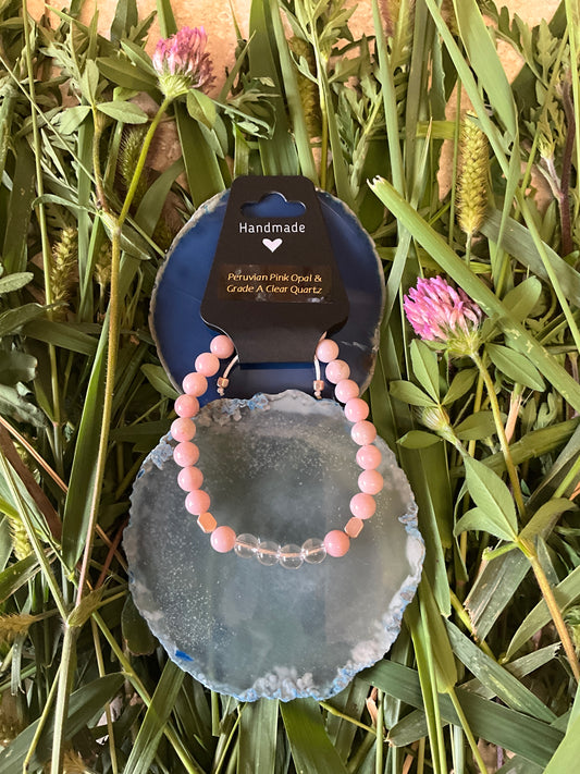 Influential Vibrations: Adjustable Bracelet - Peruvian Pink Opal & Grade A Clear Quartz