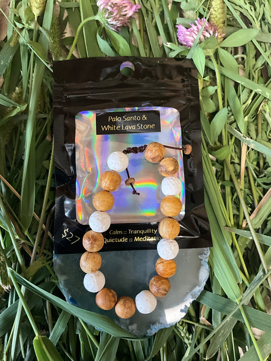 Influential Vibrations: Adjustable Bracelet - Palo Santo & White Lava Stone