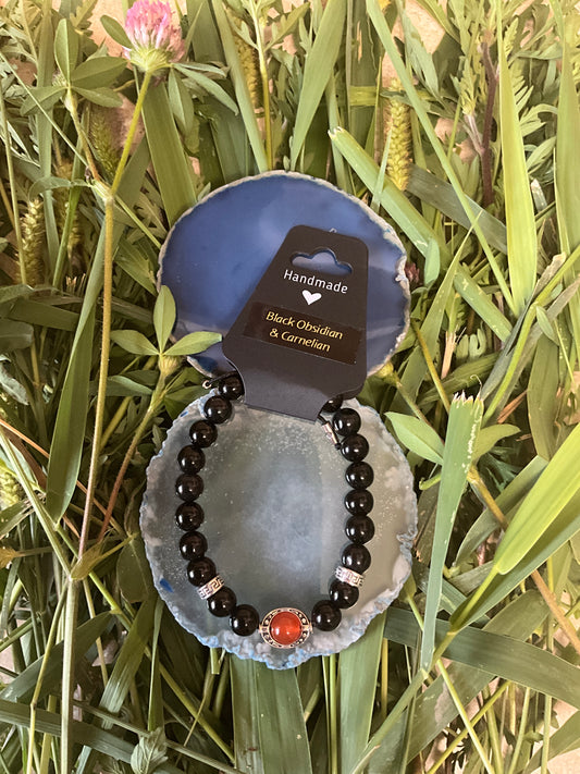 Influential Vibrations: Adjustable Bracelet - Black Obsidian & Carnelian