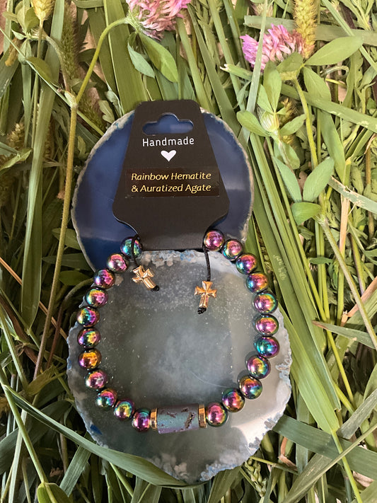 Influential Vibrations: Adjustable Bracelet - Rainbow Hematite & Auratized Agate
