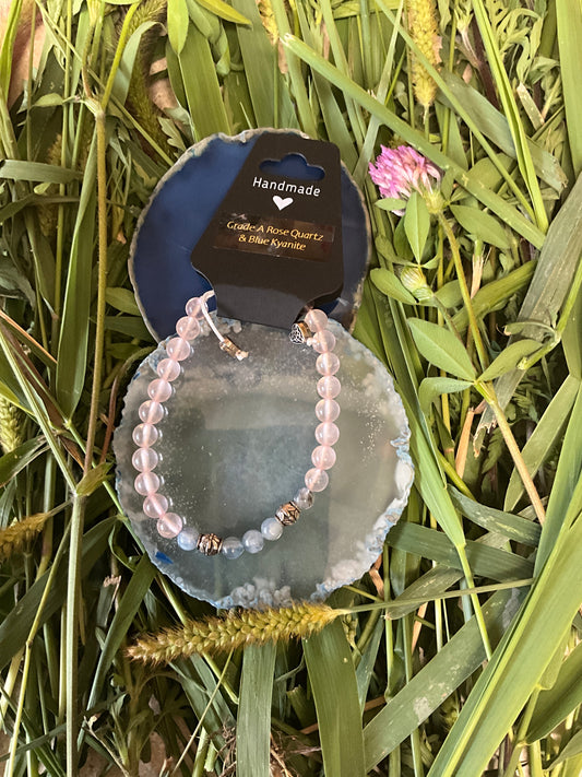Influential Vibrations: Adjustable Bracelet - Grade A Rose Quartz & Blue Kyanite