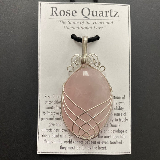 Rose Quartz Oval Silver Wrapped Necklace