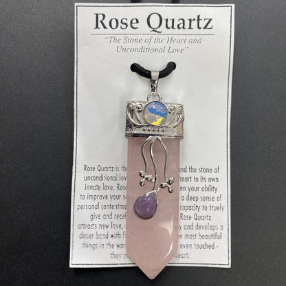 Rose Quartz Flat Point with Silver Floral Design Necklace