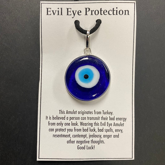 Evil Eye Round Glass with Silver Bezel Necklace