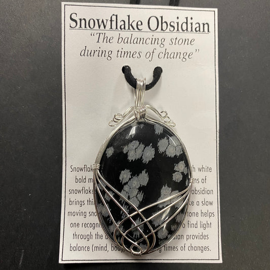 Snowflake Obsidian Oval Silver Wrapped Necklace