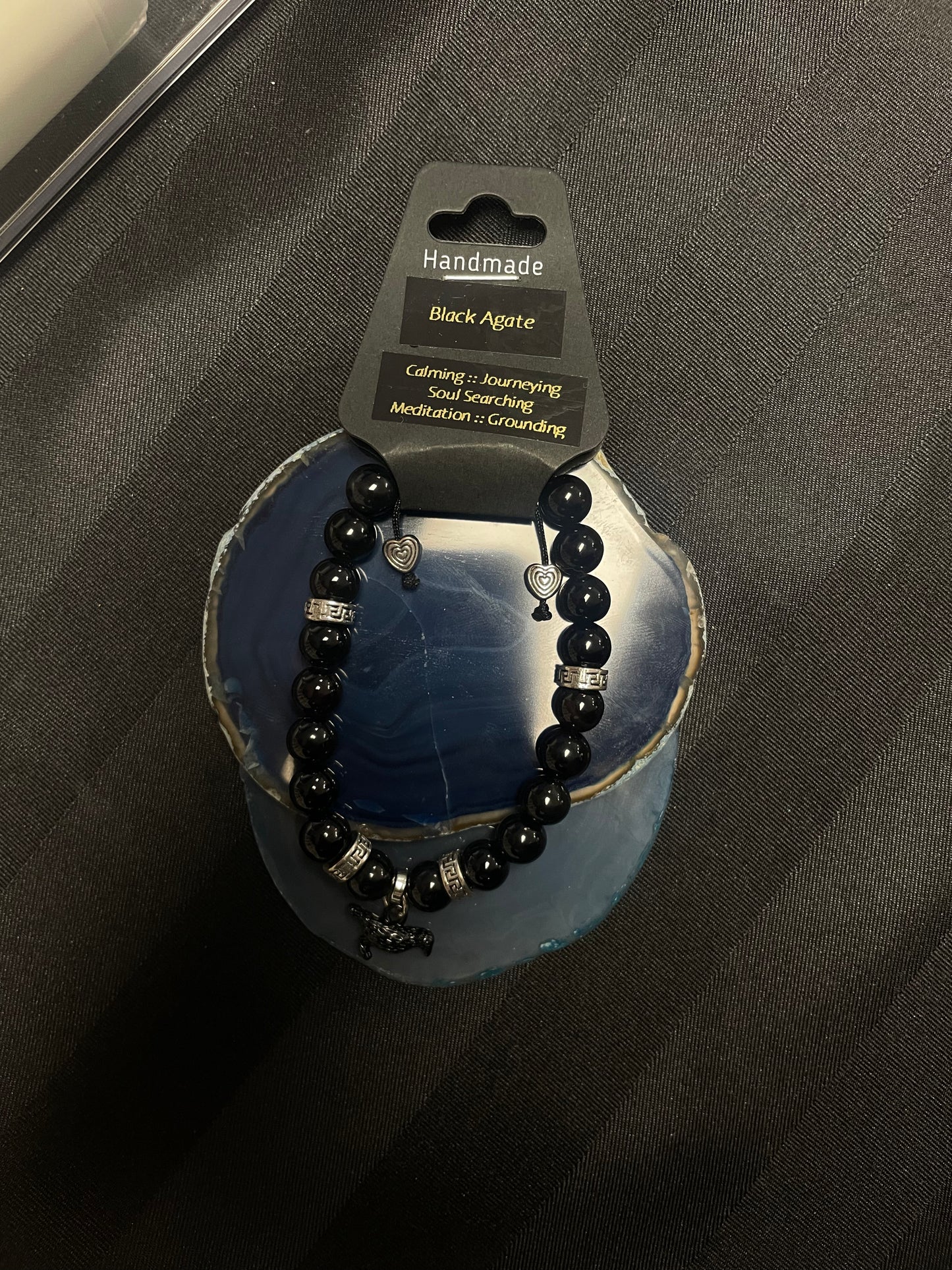 Influential Vibrations - Black Agate Bracelet with Raven Charm