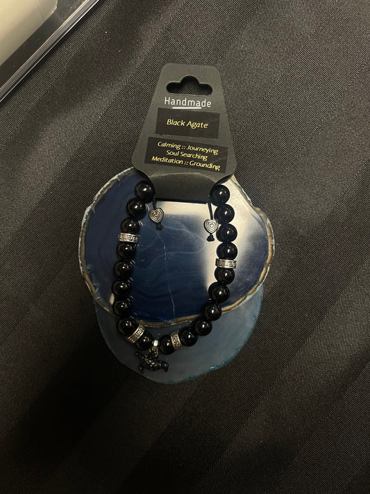 Influential Vibrations - Black Agate Bracelet with Raven Charm