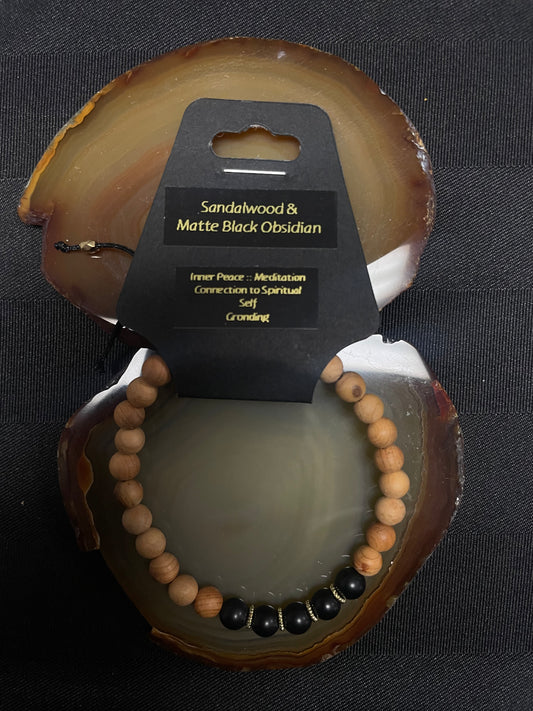 Influential Vibrations - Sandalwood & Matte Black Obsidian Bracelet