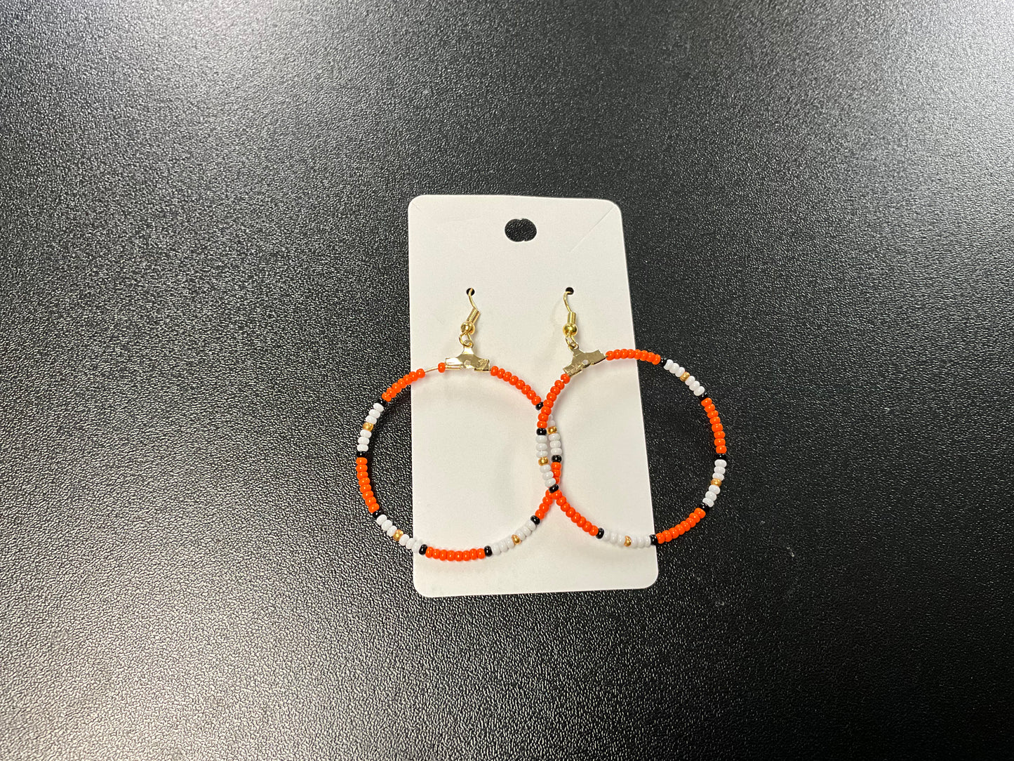 Beaded Hoop Earrings- Orange, Black and White