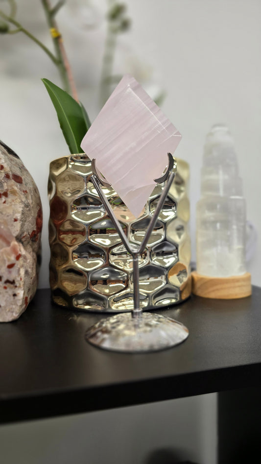 Pink Mangano Calcite Beveled Rhombus with Stand