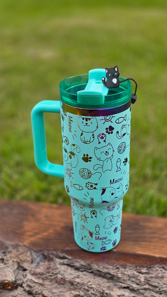 40 oz Cat Teal Tumbler - My Little Workbench