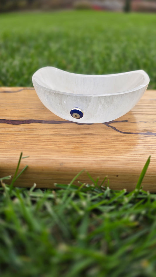 4" Selenite Moon Dish with Evil Eye