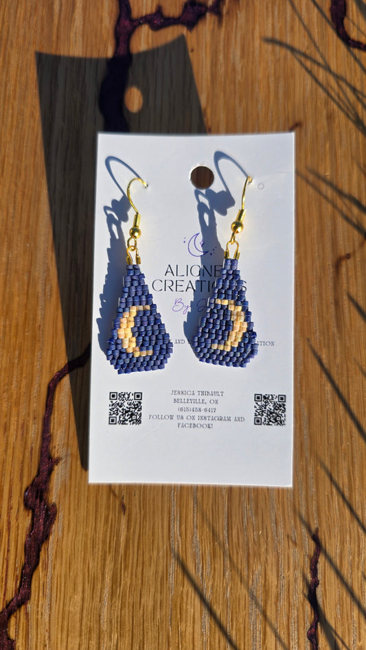 Blue Beaded Earrings with Beige Moon by Aligned Creation by Jess