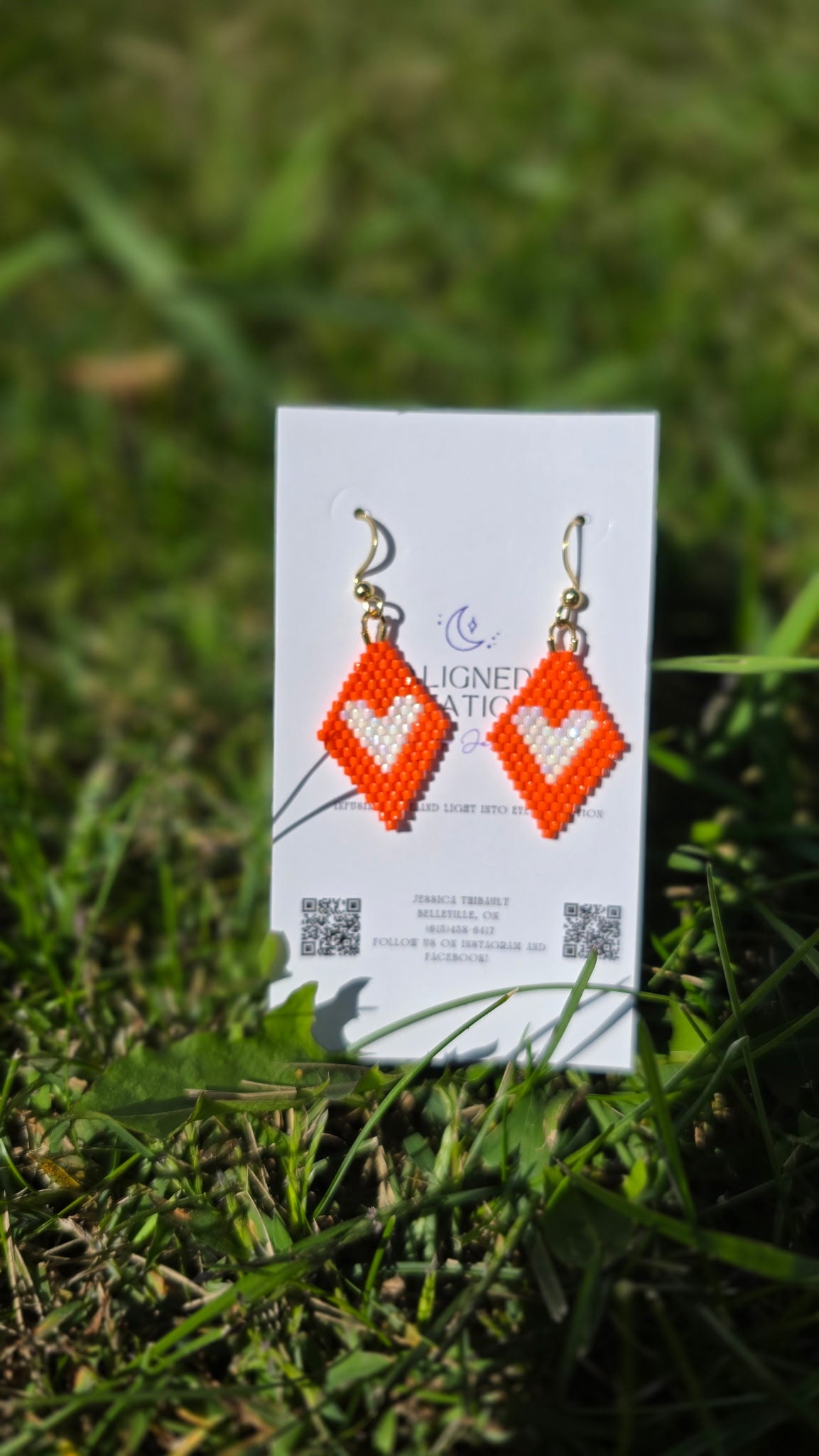 Orange with White Heart Beaded Earrings - Aligned Creations by Jess