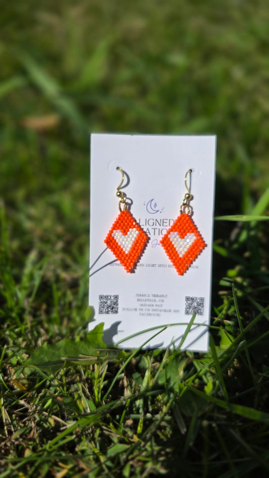 Orange with White Heart Beaded Earrings - Aligned Creations by Jess
